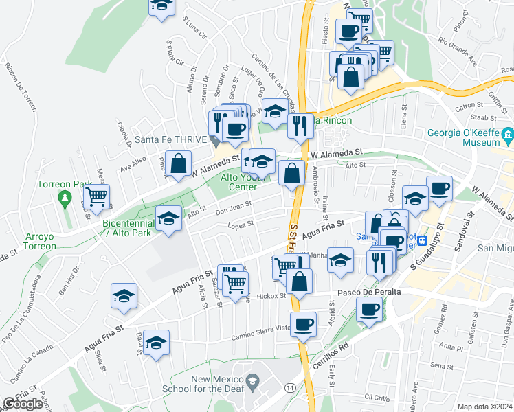 map of restaurants, bars, coffee shops, grocery stores, and more near 918 1/2 Don Juan Street in Santa Fe