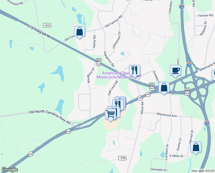 map of restaurants, bars, coffee shops, grocery stores, and more near 182 Oak Leaf Road in Asheboro