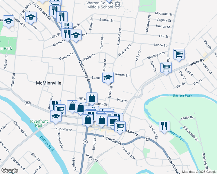 map of restaurants, bars, coffee shops, grocery stores, and more near 421 North Spring Street in McMinnville