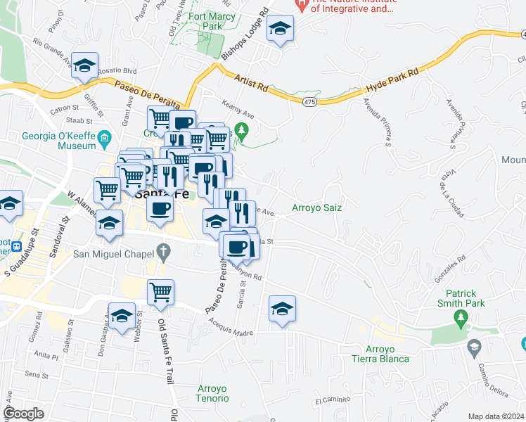 map of restaurants, bars, coffee shops, grocery stores, and more near 358 East Palace Avenue in Santa Fe