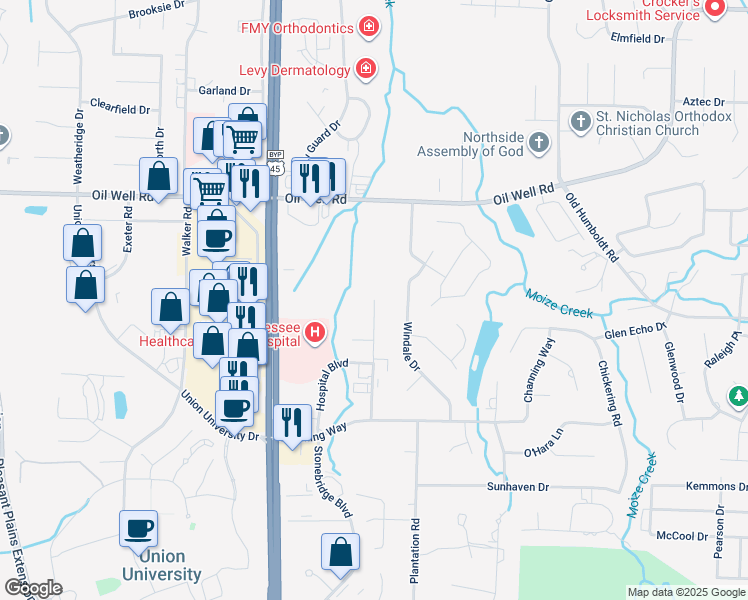 map of restaurants, bars, coffee shops, grocery stores, and more near 139 Physicians Drive in Jackson