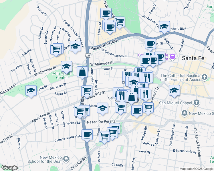 map of restaurants, bars, coffee shops, grocery stores, and more near 246 Maynard Street in Santa Fe