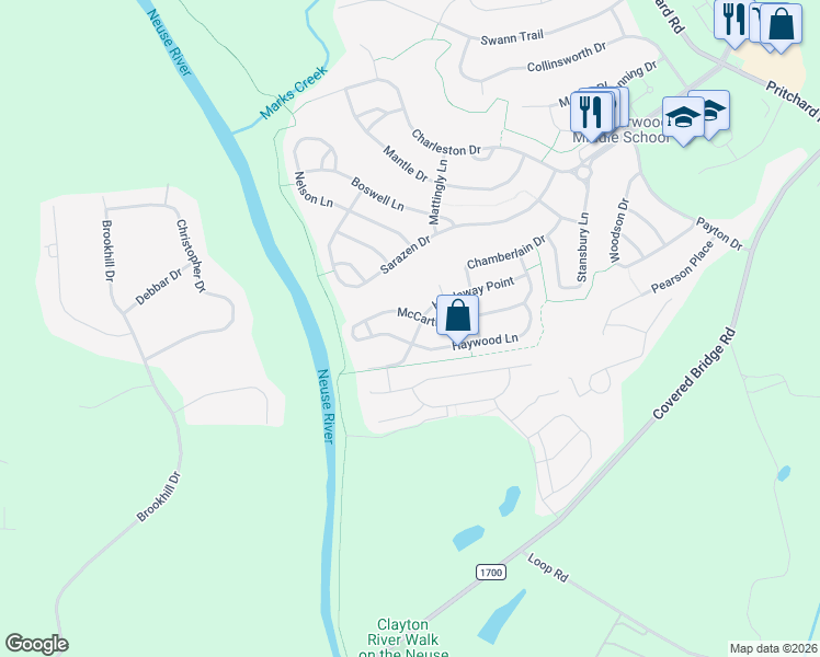 map of restaurants, bars, coffee shops, grocery stores, and more near 508 McCarthy Drive in Clayton