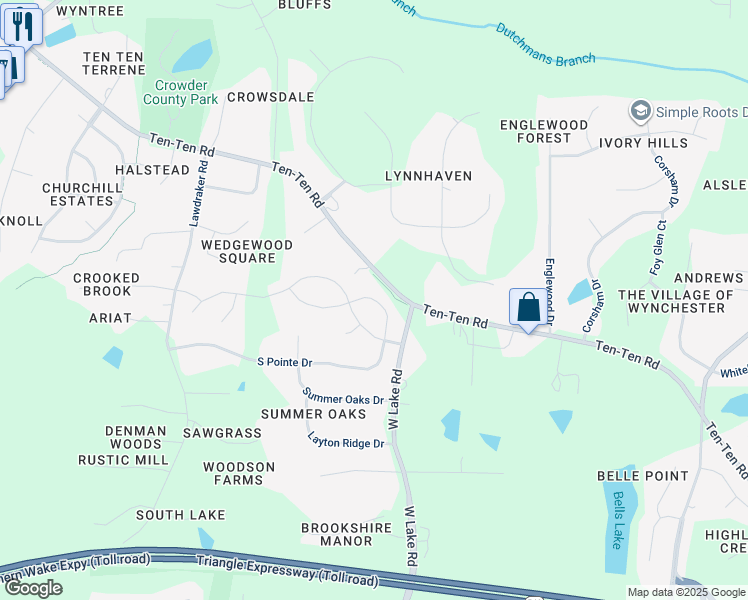 map of restaurants, bars, coffee shops, grocery stores, and more near 5116 Ten-Ten Road in Apex