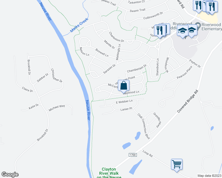 map of restaurants, bars, coffee shops, grocery stores, and more near 309 Hardaway Point in Clayton
