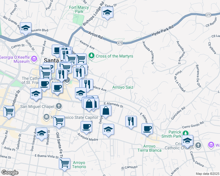 map of restaurants, bars, coffee shops, grocery stores, and more near 511 Armijo Street in Santa Fe