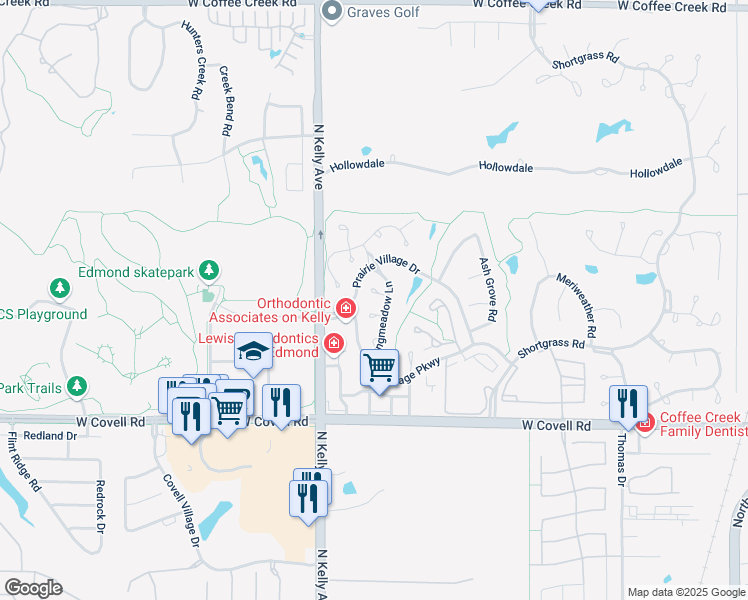 map of restaurants, bars, coffee shops, grocery stores, and more near 736 Longmeadow Lane in Edmond