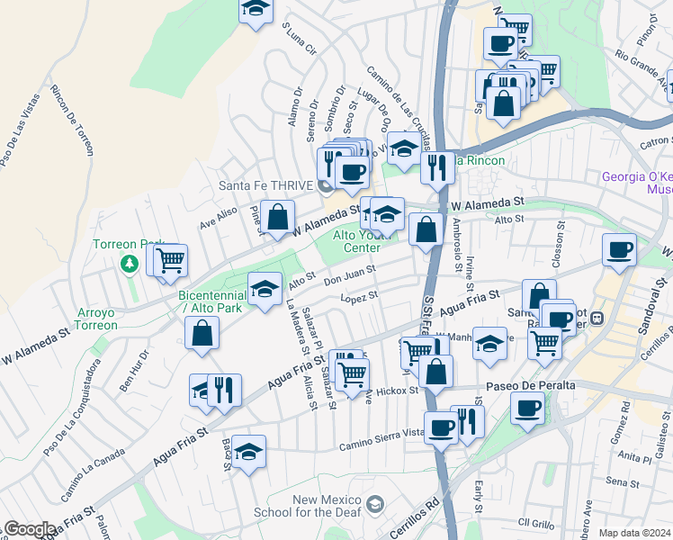 map of restaurants, bars, coffee shops, grocery stores, and more near 1012 Alto Street in Santa Fe