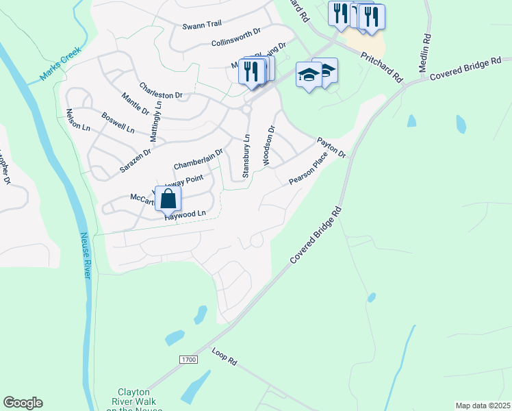 map of restaurants, bars, coffee shops, grocery stores, and more near 301 Pearson Place in Clayton