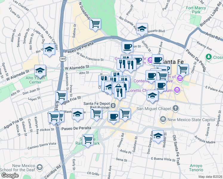 map of restaurants, bars, coffee shops, grocery stores, and more near 506 Agua Fria Street in Santa Fe