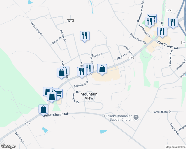 map of restaurants, bars, coffee shops, grocery stores, and more near 2832 South Highway 127 in Hickory