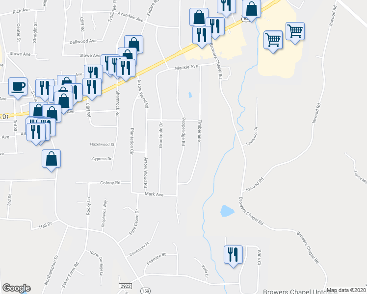 map of restaurants, bars, coffee shops, grocery stores, and more near 1524 Pepperidge Road in Asheboro