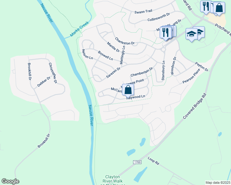 map of restaurants, bars, coffee shops, grocery stores, and more near 305 Hardaway Point in Clayton