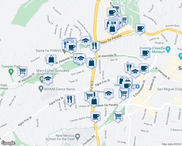 map of restaurants, bars, coffee shops, grocery stores, and more near 230 South Saint Francis Drive in Santa Fe