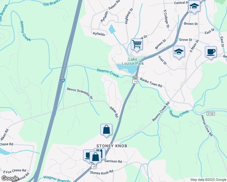 map of restaurants, bars, coffee shops, grocery stores, and more near 44 Loftin Street in Weaverville