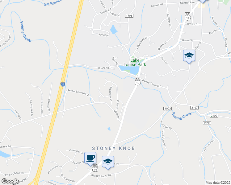 map of restaurants, bars, coffee shops, grocery stores, and more near 44 Loftin Street in Weaverville
