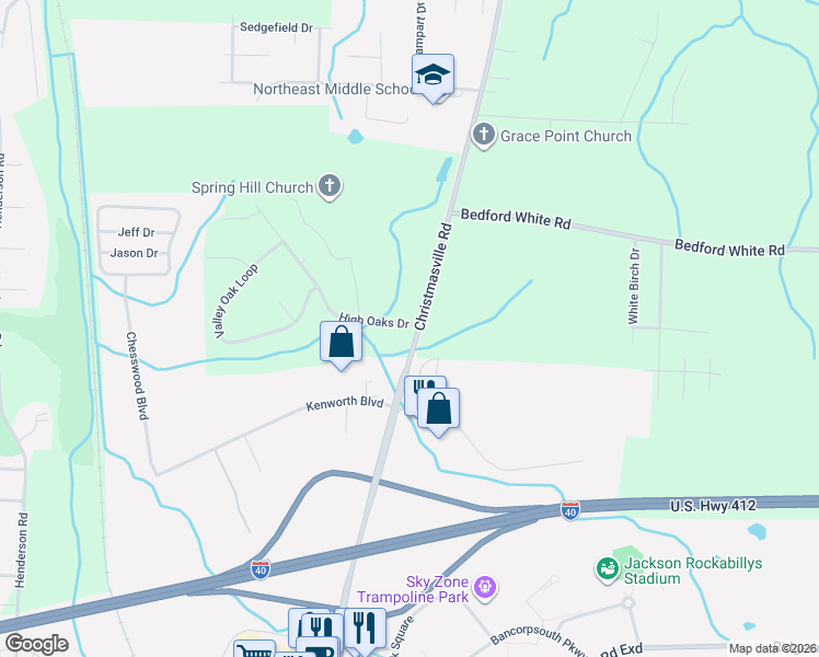 map of restaurants, bars, coffee shops, grocery stores, and more near 17 High Oaks Drive in Jackson