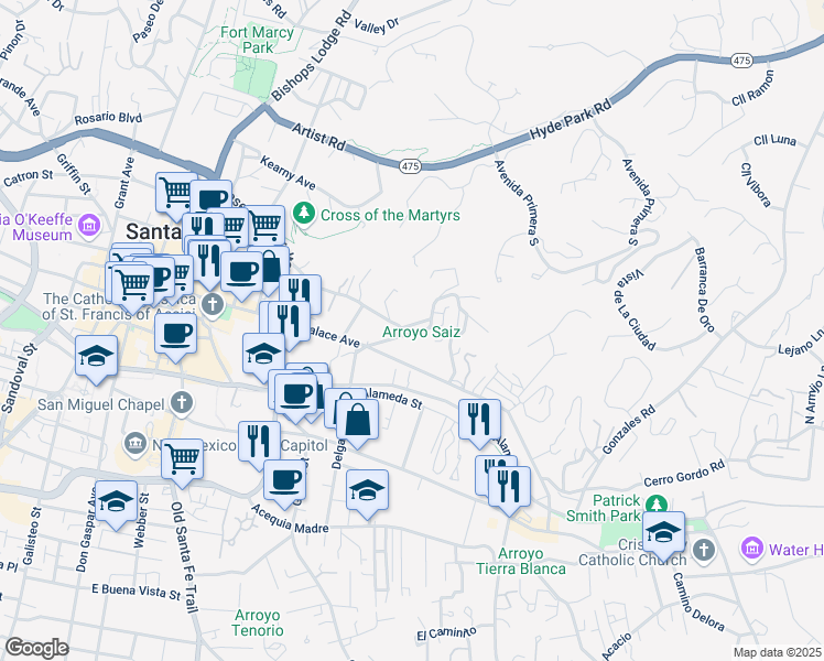 map of restaurants, bars, coffee shops, grocery stores, and more near 517 Hillside Avenue in Santa Fe