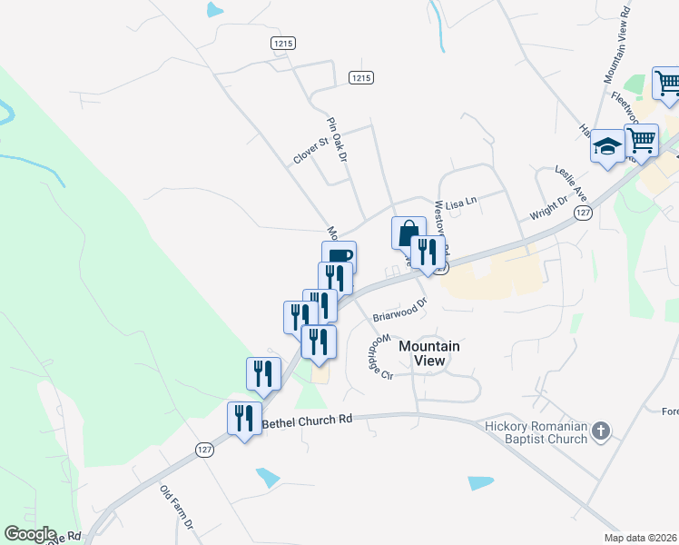 map of restaurants, bars, coffee shops, grocery stores, and more near 1993 Moss Farm Road in Hickory
