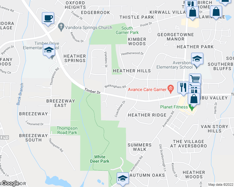 map of restaurants, bars, coffee shops, grocery stores, and more near 1306 Timber Drive in Garner