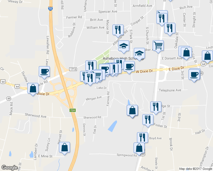 map of restaurants, bars, coffee shops, grocery stores, and more near 1510 Fairway Road in Asheboro