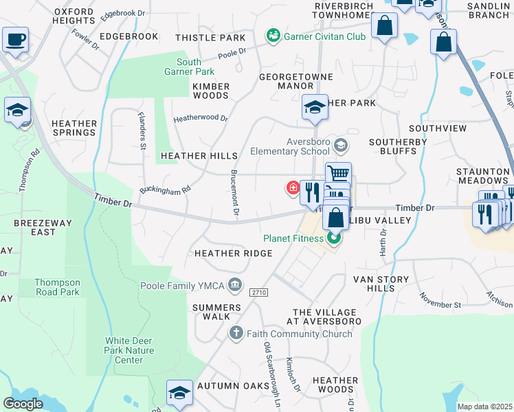 map of restaurants, bars, coffee shops, grocery stores, and more near 105 Castill Place in Garner