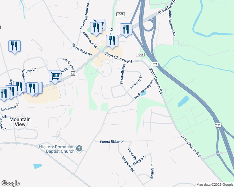 map of restaurants, bars, coffee shops, grocery stores, and more near 4980 Kennedy Street in Hickory