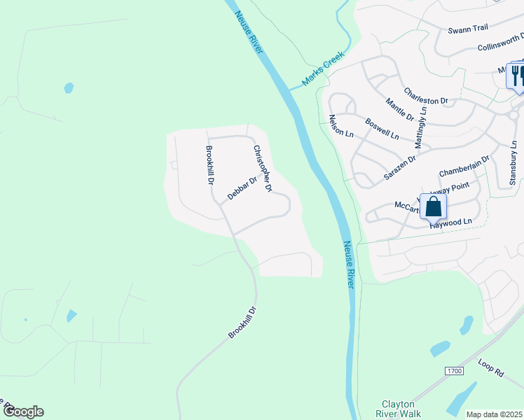 map of restaurants, bars, coffee shops, grocery stores, and more near 117 Christopher Drive in Clayton