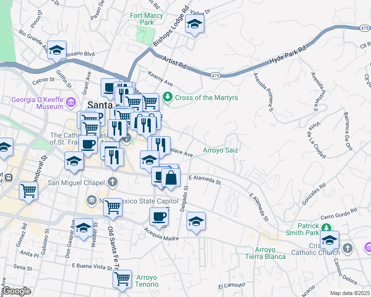 map of restaurants, bars, coffee shops, grocery stores, and more near 355 East Palace Avenue in Santa Fe