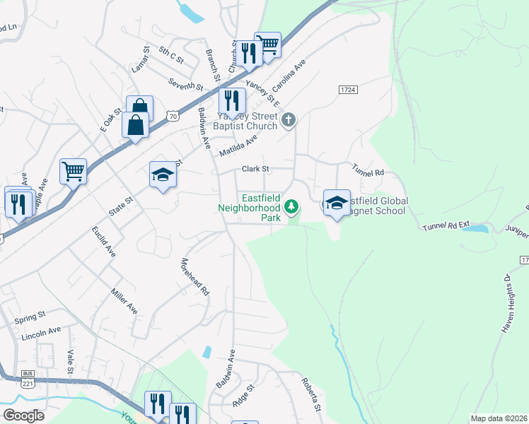 map of restaurants, bars, coffee shops, grocery stores, and more near 134 Leach Street in Marion