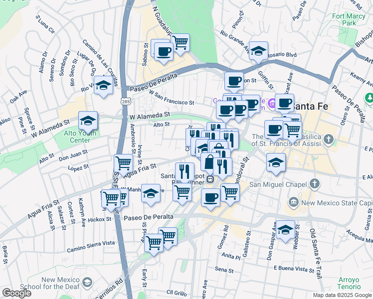 map of restaurants, bars, coffee shops, grocery stores, and more near 543 Agua Fria Street in Santa Fe
