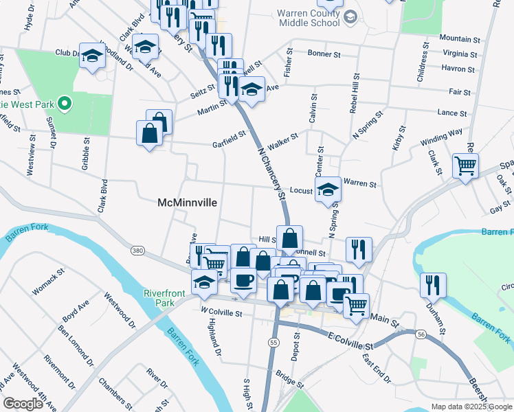map of restaurants, bars, coffee shops, grocery stores, and more near 224 Hill Street in McMinnville