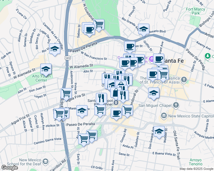 map of restaurants, bars, coffee shops, grocery stores, and more near 543 Agua Fria Street in Santa Fe