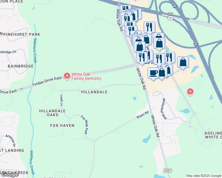 map of restaurants, bars, coffee shops, grocery stores, and more near 718 Hillandale Lane in Garner