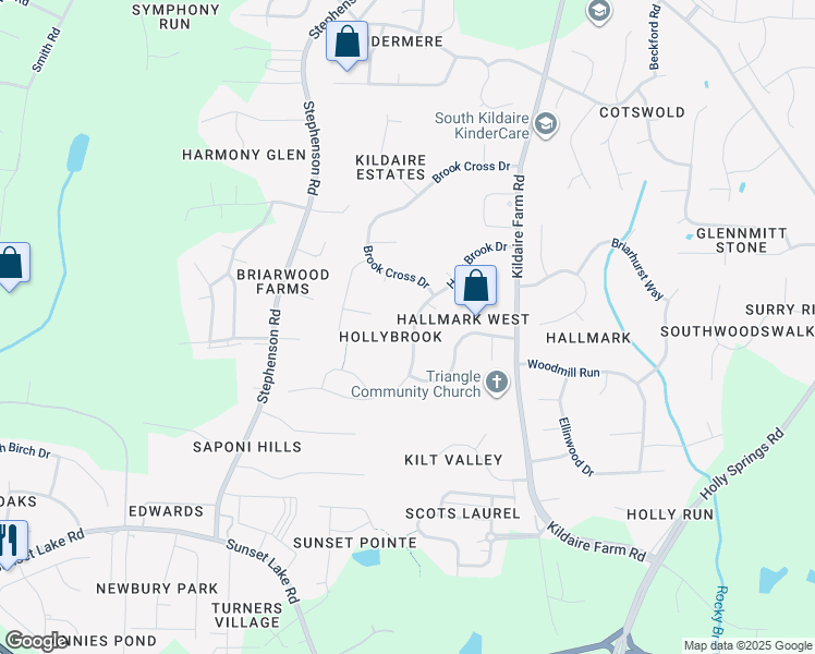 map of restaurants, bars, coffee shops, grocery stores, and more near 4820 Holly Brook Drive in Apex