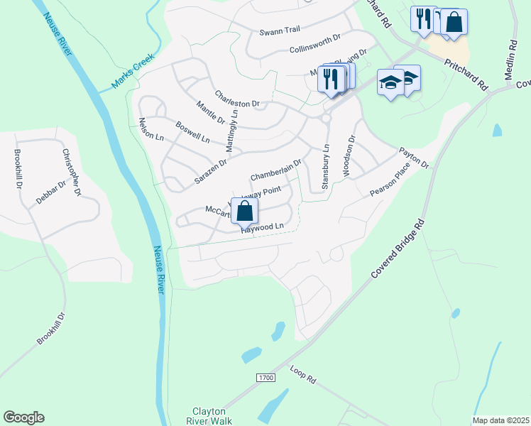 map of restaurants, bars, coffee shops, grocery stores, and more near 328 McCarthy Drive in Clayton