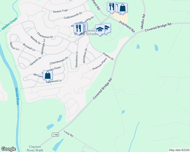 map of restaurants, bars, coffee shops, grocery stores, and more near 204 Pearson Place in Clayton