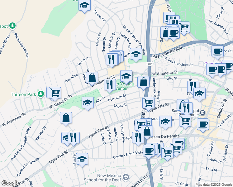 map of restaurants, bars, coffee shops, grocery stores, and more near 1012 Alto Street in Santa Fe