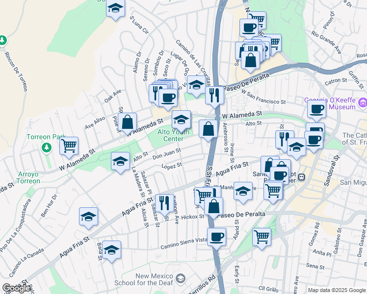 map of restaurants, bars, coffee shops, grocery stores, and more near 917 Don Juan Street in Santa Fe