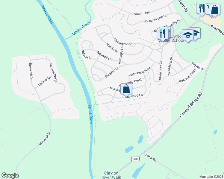 map of restaurants, bars, coffee shops, grocery stores, and more near 508 McCarthy Drive in Clayton