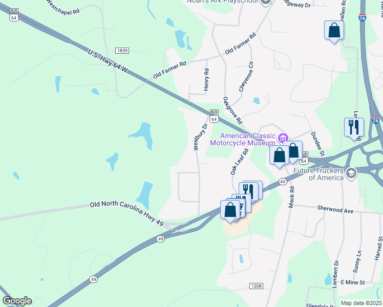 map of restaurants, bars, coffee shops, grocery stores, and more near 206 Westbury Drive in Asheboro