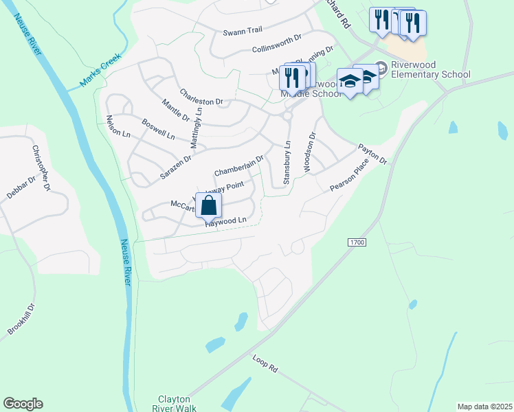 map of restaurants, bars, coffee shops, grocery stores, and more near 108 Haywood Lane in Clayton