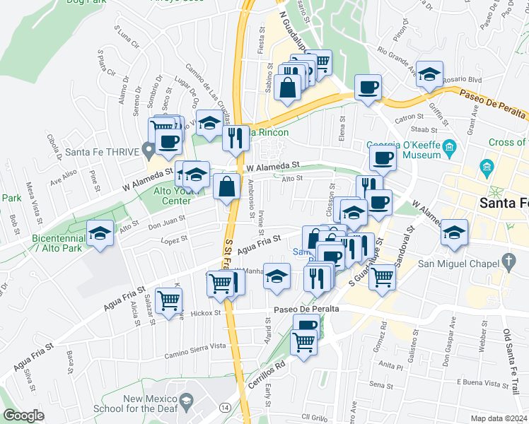 map of restaurants, bars, coffee shops, grocery stores, and more near 241 Irvine Street in Santa Fe