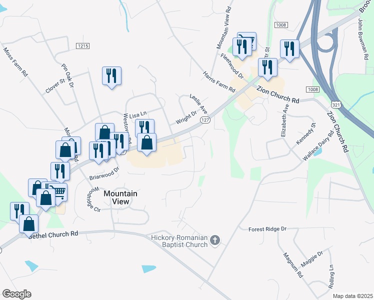 map of restaurants, bars, coffee shops, grocery stores, and more near 5201 Glenwood Place Court in Hickory