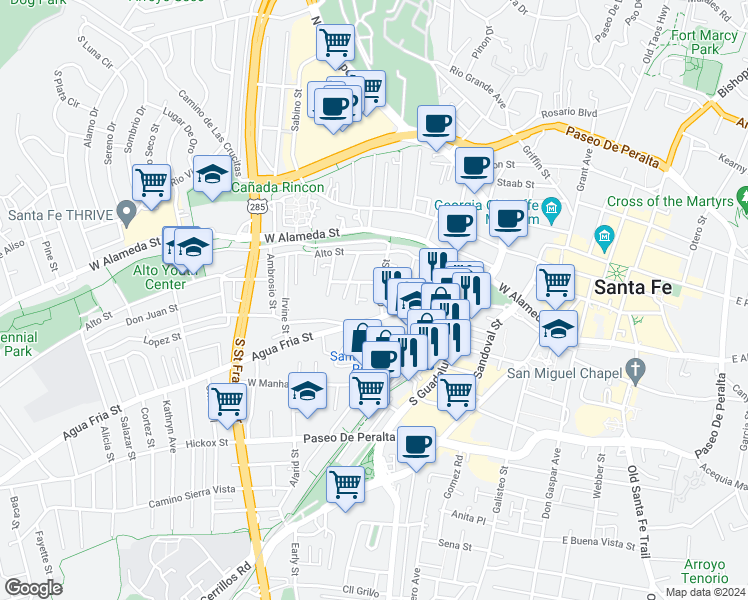 map of restaurants, bars, coffee shops, grocery stores, and more near 607 Agua Fria Street in Santa Fe