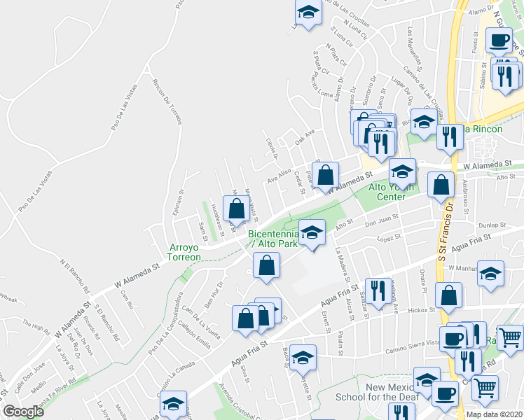 map of restaurants, bars, coffee shops, grocery stores, and more near 113 Mesa Vista Street in Santa Fe