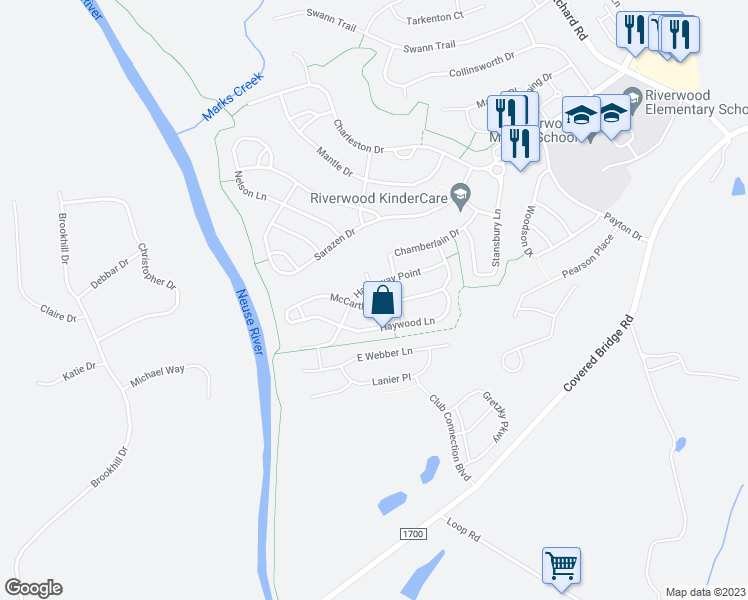 map of restaurants, bars, coffee shops, grocery stores, and more near 417 McCarthy Drive in Clayton
