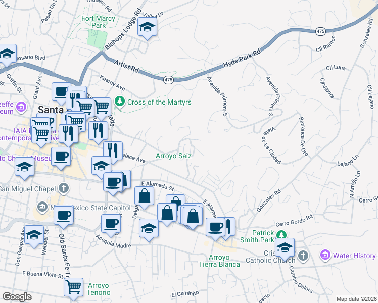 map of restaurants, bars, coffee shops, grocery stores, and more near 229 1/2 Rodriguez Street in Santa Fe