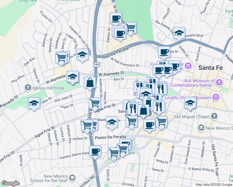 map of restaurants, bars, coffee shops, grocery stores, and more near 246 Maynard Street in Santa Fe