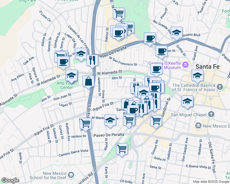 map of restaurants, bars, coffee shops, grocery stores, and more near 246 Maynard Street in Santa Fe